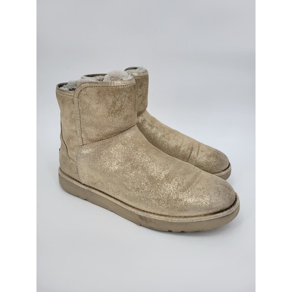 Uggs Abree Mini Stardust Gold Short Ankle Boots Fur Shiny - Picture 3 of 12
